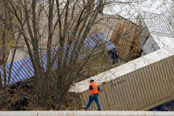 Recovery work is shown at the scene of a train derailment along Hwy 35 Thursday, April 27, 2023 in Crawford County just south of DeSoto, Wis.