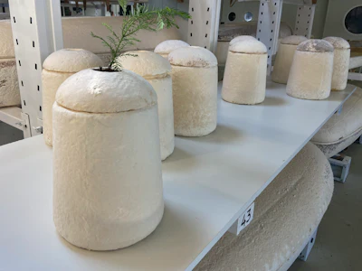 Dutch startup Loop Biotech makes cocoon-like coffins and urns designed to dissolve into the environment amid growing demand for more sustainable burial practices, in Delft, Netherlands, Monday, May 22, 2023.