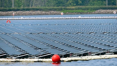 Solar panels from a project at a water treatment plant are shown Tuesday, June 6, 2023, in Millburn, N.J., that provides enough electricity to power 95% of the treatment facilities electrical needs.