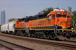 A BNSF locomotive heads south out of Oklahoma City, Sept. 14, 2022.