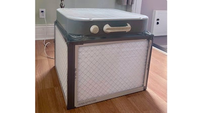 A Corsi-Rosenthal air purifier built by Liz Hradil is seen at her home in Syracuse, N.Y. after the wildfire smoke covered much of New York Wednesday, June 7, 2023.