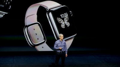 Apple CEO Tim Cook discusses the Apple Watch at the Apple event at the Bill Graham Civic Auditorium in San Francisco, Wednesday, Sept. 9, 2015.