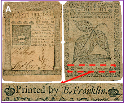 A magnified photo provided by the Proceedings of the Natural Academy of Sciences shows a twenty shillings Pennsylvania note printed by Benjamin Franklin on August 10, 1739, featuring 'nature printed' patterns of leaves that counterfeiters found difficult to duplicate.