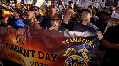 UPS teamsters and workers hold a rally in downtown Los Angeles, July 19, 2023.