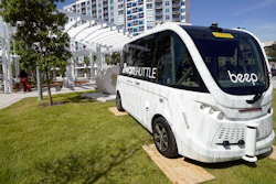 The new self driving SWAN (Shuttling with Autonomous Navigation) shuttle bus is displayed Wednesday, Aug. 16, 2023, in Orlando, Fla.