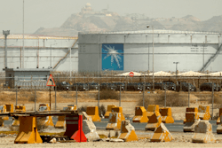 Storage tanks are seen at the North Jiddah bulk plant, an Aramco oil facility, in Jiddah, Saudi Arabia, on March 21, 2021.