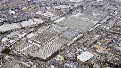 This aerial photo shows Toyota's Motomachi plant on March 1, 2022, in Toyota, central Japan.