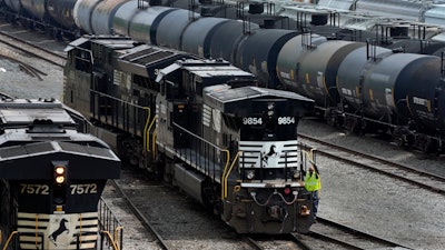 Norfolk Southern locomotives move through the Conway Terminal in Conway, Pa., June 17, 2023.
