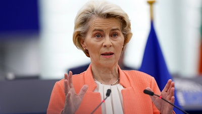 European Commission President Ursula von der Leyen delivers her annual speech on the state of the European Union and its plans and strategies looking ahead, at the European Parliament, Wednesday, Sept. 13, 2023 in Strasbourg, eastern France.