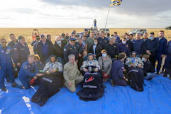 NASA astronaut Frank Rubio left, Russian cosmonauts Sergey Prokopyev, center, and Dmitri Petelin sit in chairs outside the Soyuz MS-23 spacecraft after they landed in a remote area near the town of Zhezkazgan, Kazakhstan on Wednesday, Sept. 27, 2023.