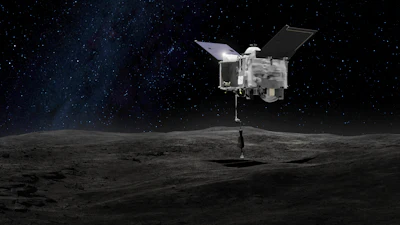 This artist's rendering made available by NASA on Sept. 6, 2016 depicts the OSIRIS-REx spacecraft contacting the asteroid Bennu with the Touch-And-Go Sample Arm Mechanism. On Wednesday, Oct. 12, 2023, NASA showed off the samples brought to Earth in September from the asteroid.