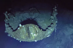 In this photo provided by the Ocean Exploration Trust, the chrysanthemum flower crest, an honored imperial symbol of Japan, can still be seen prominently on the bow of aircraft carrier Akagi 81 years after the aircraft carrier's sinking on Sept. 10, 2023.