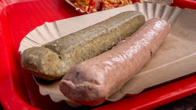 Two types of vegan sausages are displayed at a 'Best Worscht in Town' branch in Frankfurt, Germany, Friday, June 16, 2023.