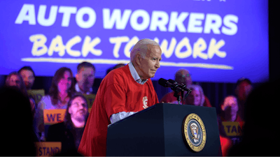 President Joe Biden speaks to United Auto Workers at the Community Building Complex of Boone County, Thursday, Nov. 9, 2023, in Belvidere, Ill.