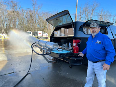 A very high-efficiency Tier-3 nozzle running 60 gallons a minute at 2,000 PSI will impact a plate nine feet away with 98 pounds of force.