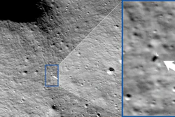 These photos provided by NASA show images from NASA’s Lunar Reconnaissance Orbiter Camera team which confirmed Odysseus completed its landing. After traveling more than 600,000 miles, Odysseus landed within 1.5 km of its intended Malapert A landing site, using a contingent laser range-finding system patched hours before landing.