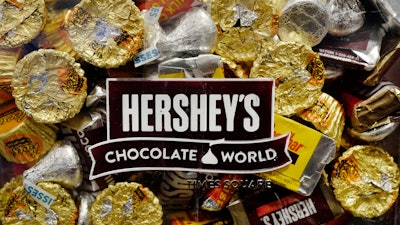 - A mixture of Hershey's chocolates is displayed in the company's Times Square store, March 1, 2017, in New York. Hershey is cautioning on its 2024 profit growth as the company contends with rising cocoa costs that are leading to higher prices for chocolate. Cocoa futures prices have doubled over the past year and hit an unprecedented $5,874 per metric ton Friday, Feb. 9, 2024, in intraday trading.