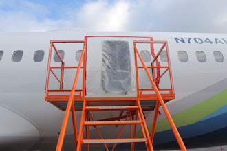 This image taken Jan. 7, 2024, and released by the National Transportation Safety Board, shows a section of the Boeing 737-9 Max that lost a panel in flight, in Portland, Ore.
