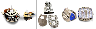 The winning entries in the 2024 AMUG Technical Competition (from left) are Coin-op Rides (Advanced Finishing), Shoulder Disarticulation Prosthesis (Advanced Concepts) and Luminaire (Members’ Choice).