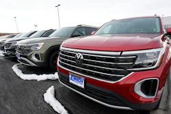 A line of unsold 2024 Atlas sports-utility vehicles sits at a Volkswagen dealership Sunday, March 17, 2024, in Denver. Most automakers who sell new vehicles in the U.S. report first-quarter sales numbers on Tuesday, April 2, 2024. Sales are expected to be surprisingly strong despite high interest rates.