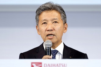 Daihatsu President Masahiro Inoue speaks during a press conference in Tokyo Monday, April 8, 2024. Daihatsu, the Japanese automaker mired in a scandal over fraudulent vehicle tests, will hand over its model certification duties to parent company Toyota, to regain trust among dealers, customers and workers, its new president said Monday.