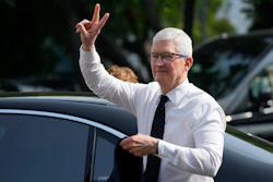 Apple CEO Tim Cook gestures upon the arrival for a meeting with Indonesian President Joko Widodo at palace in Jakarta, Indonesia, Wednesday, April 17, 2024.
