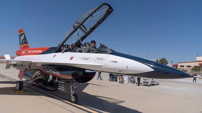 Air Force Secretary Frank Kendall sits in the front cockpit of an X-62A VISTA aircraft at Edwards Air Force Base, Calif., on Thursday, May 2, 2024.
