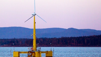 The University of Maine's first prototype of an offshore wind turbine is seen in this Sept. 20, 2013 file photo, near Castine Maine.
