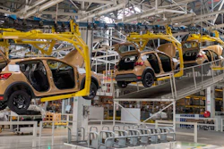 Cars are placed on a production line inside a Renault factory outside of Tangier, Morocco, Monday, April 29, 2024.