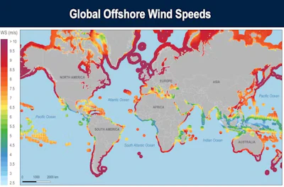 Estimates of the mean annual wind speeds in meters per second extending 200 kilometers from shore at a height of 330 feet (100 meters).