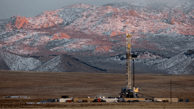A drill rig stands at a Fervo Energy geothermal site under construction near Milford, Utah.
