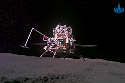 This China National Space Administration (CNSA) handout image released by Xinhua News Agency, shows the lander-ascender combination of Chang'e-6 probe taken by a mini rover after it landed on the moon surface, June 4, 2024.
