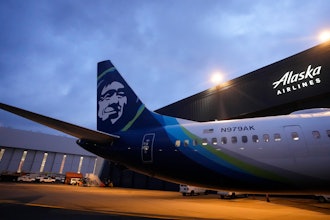 An Alaska Airlines Boeing 737 Max 9 with a door plug aircraft awaits inspection at the airline's hangar at Seattle-Tacoma International Airport.