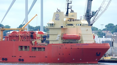 The Dino Chouest, part of an expedition by Georgia-based firm RMS Titanic, is docked at the Port of Providence.