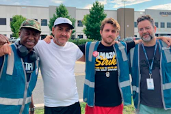 From left, union organizers Brima Sylla, Pasquale Cioffi, Connor Spence and Aaron Novik outside an Amazon warehouse on Staten Island, June 18, 2024.