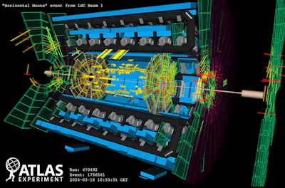 Specially structured particle detectors call for special probes like horizontal muons for calibration. Muons produced in the LHC’s pipe traverse the ATLAS experiment horizontally. The muons, visualized as red lines, are measured by the muon detectors, the green wheels. Then they traverse the sensors, the yellow tiles, to calibrate them.