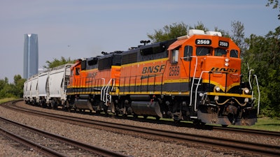 A BNSF locomotive heads south out of Oklahoma City.