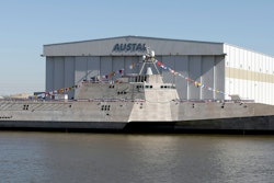 The Littoral Combat Ship Coronado sits alongside the Austal USA facilities on the Mobile River in Mobile, Ala., following christening ceremonies for the ship, Jan. 14, 2012.