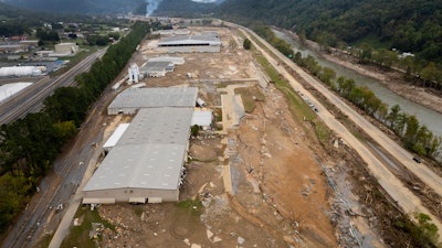 Damage caused by flooding from Hurricane Helene is seen around Impact Plastics in Erwin, Tenn., on Friday, Oct. 4, 2024.