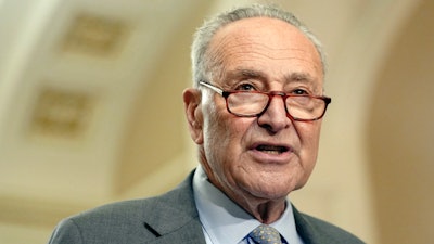 Sen. Majority Leader Chuck Schumer, D-N.Y., talks after a policy luncheon on Capitol Hill, Sept. 24, 2024, in Washington.