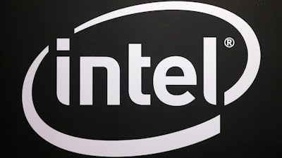 The logo of semiconductor chip maker Intel is pictured at the Paris games week in Paris, Nov. 4, 2017.
