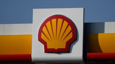 A Shell logo is displayed at a gas station in London, on March 8, 2022.