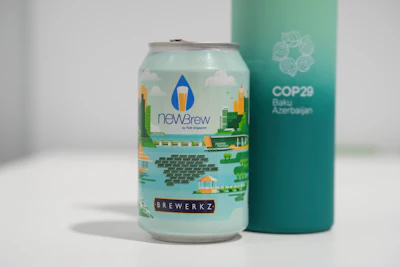 A NEWBrew beer, made with treated wastewater, is displayed at the COP29 U.N. Climate Summit, Friday, Nov. 15, 2024, in Baku, Azerbaijan.
