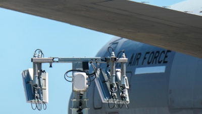 The forward fuselage and insignia of a United States Air Force McDonnell Douglas KC-10A Extender plane.