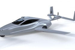 Switchblade flying sports car in flying mode with swingwings out.