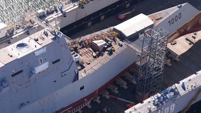 The USS Zumwalt is seen at the Huntington Ingalls shipyard in Pascagoula, Miss., Thursday, Nov. 21, 2024.