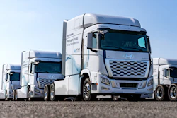 Hyundai Xcient fuel cell trucks are photographed at the Port of Brunswick, Georgia.