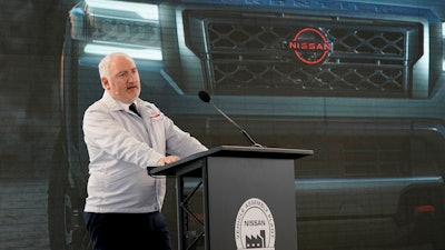 Jeremie Papin, chairperson of Nissan Americas, speaks about the all-new redesign of the company's midsize truck, the Frontier, at a ceremony marking the start of production of the 2022 model at their Canton Vehicle Assembly Plant in Canton, Miss., on July 15, 2021.