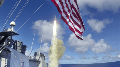 The Standard Missile-2 launching from a naval warship.