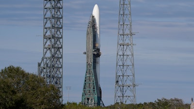 The Blue Origin New Glenn rocket stands ready on Launch Complex 36 at the Cape Canaveral Space Force Station, Saturday, Jan. 11, 2025, in Cape Canaveral, Fla.